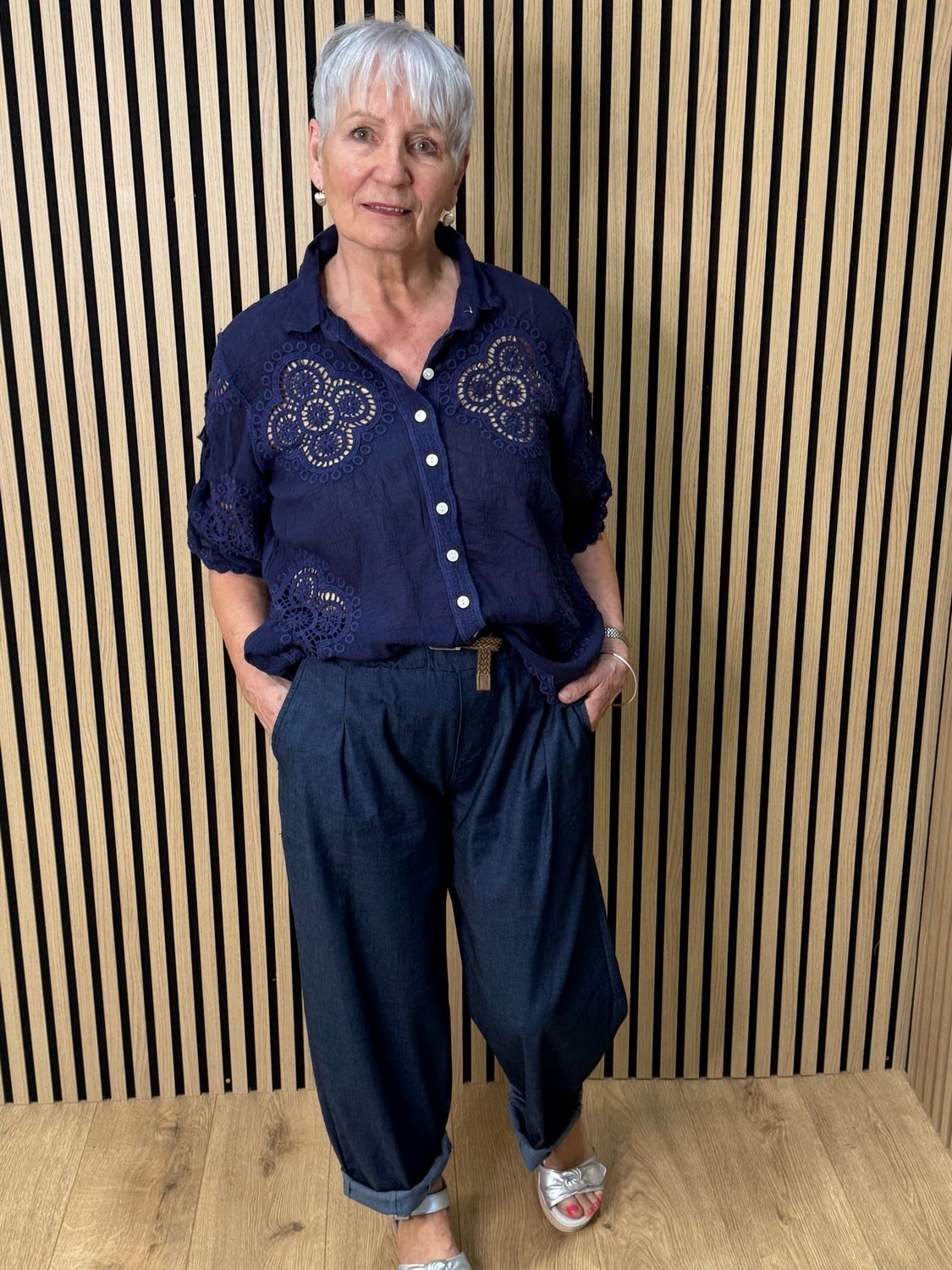 Lace Detail Cotton Top - Navy