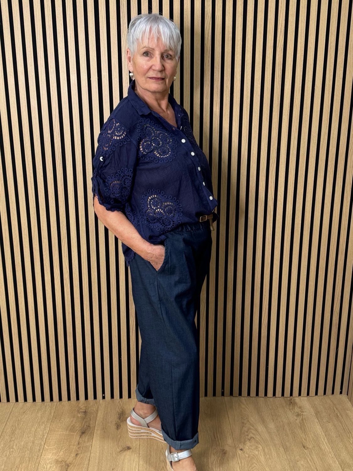 Lace Detail Cotton Top - Navy