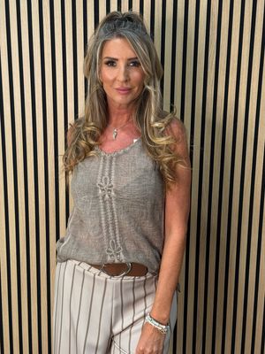 Lace Trim Cotton Cami Top - Taupe