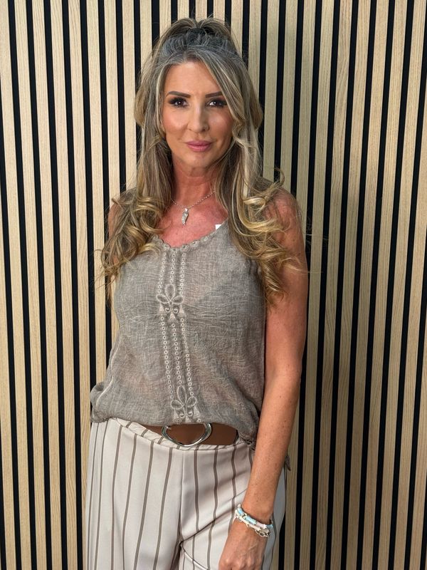 Lace Trim Cotton Cami Top - Taupe