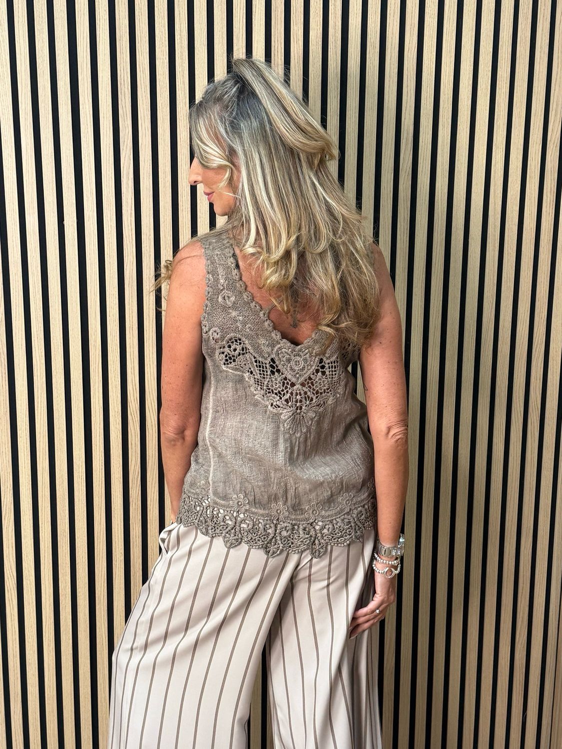 Lace Trim Cotton Cami Top - Taupe