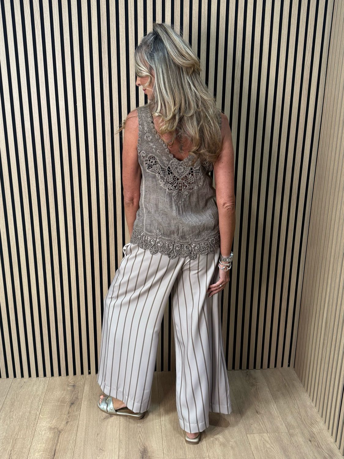 Lace Trim Cotton Cami Top - Taupe