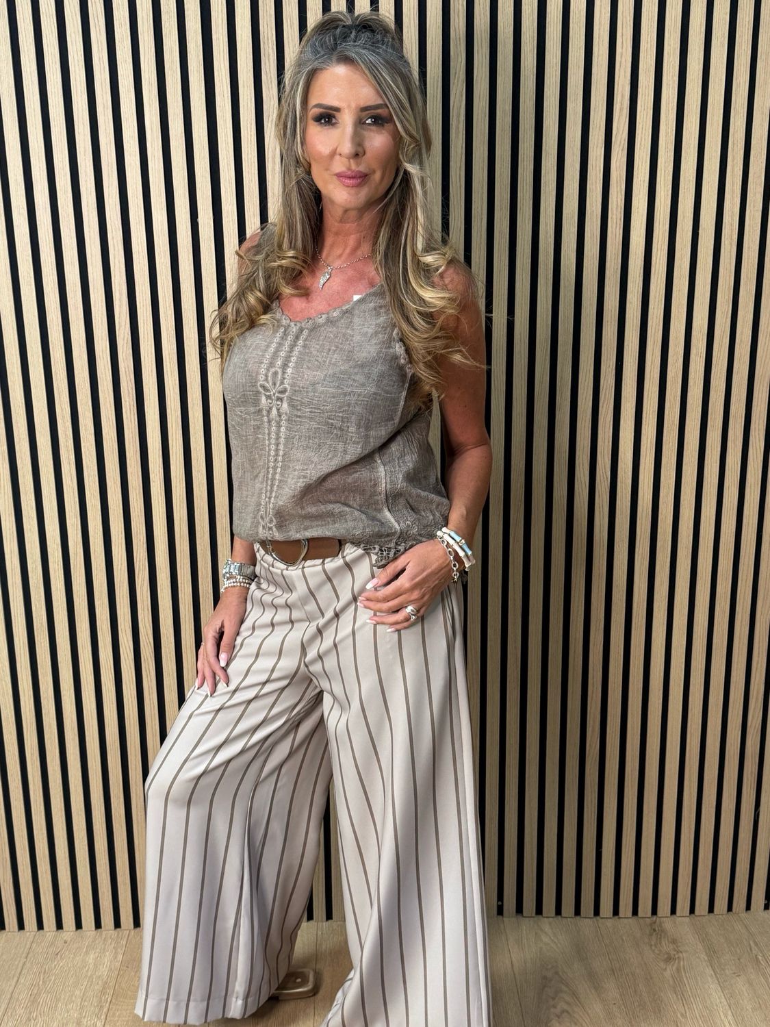 Lace Trim Cotton Cami Top - Taupe