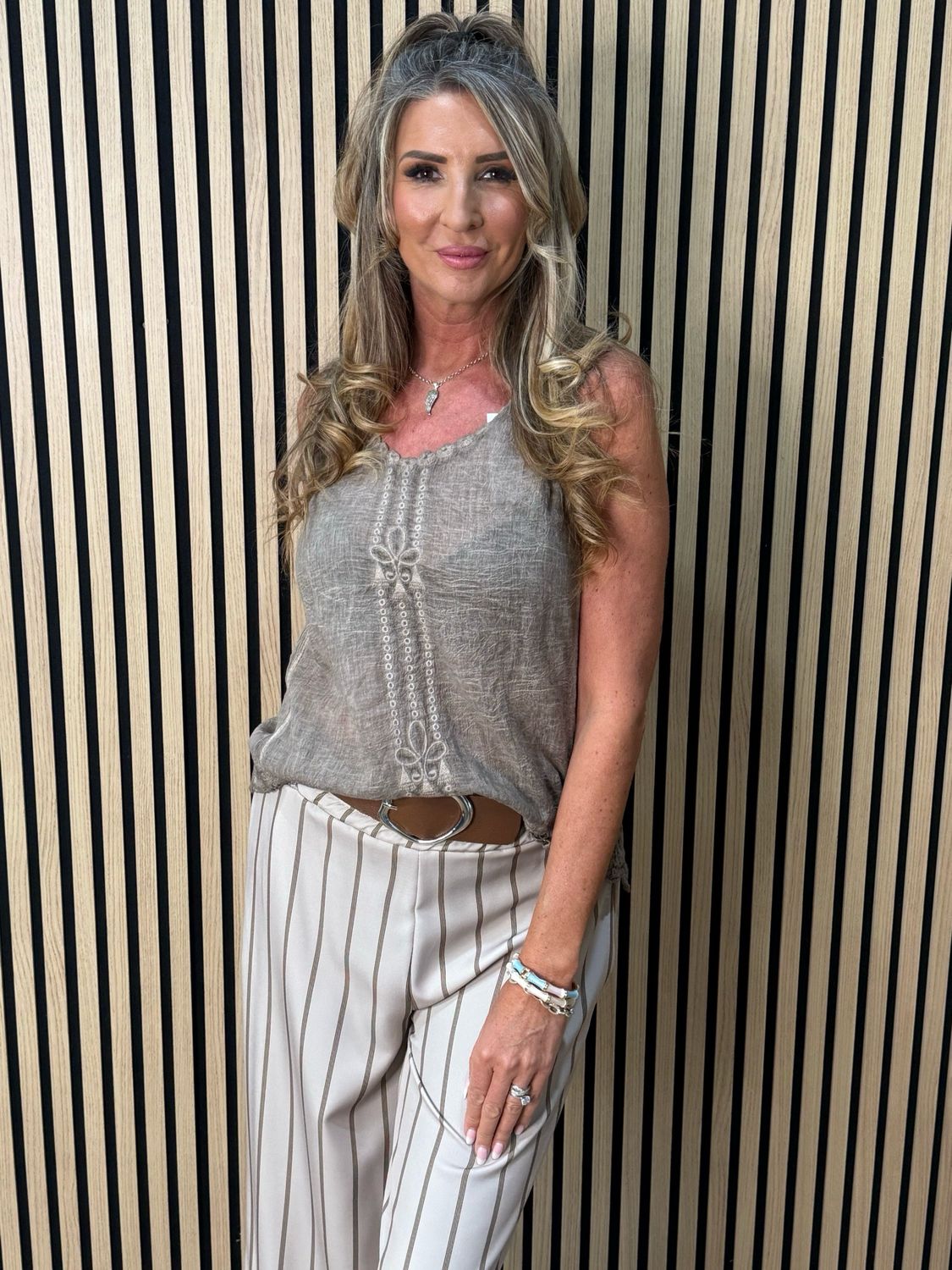 Lace Trim Cotton Cami Top - Taupe