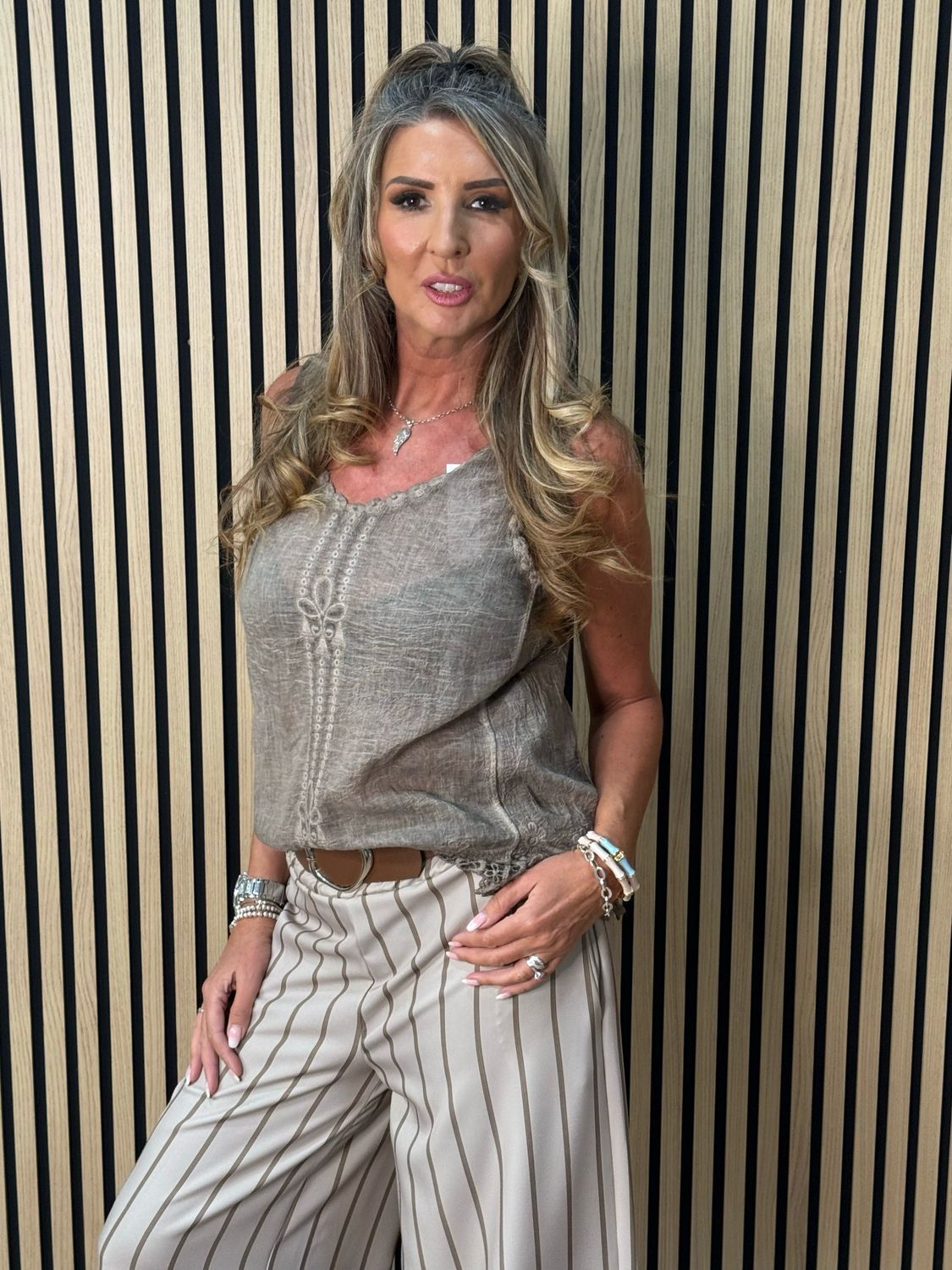 Lace Trim Cotton Cami Top - Taupe