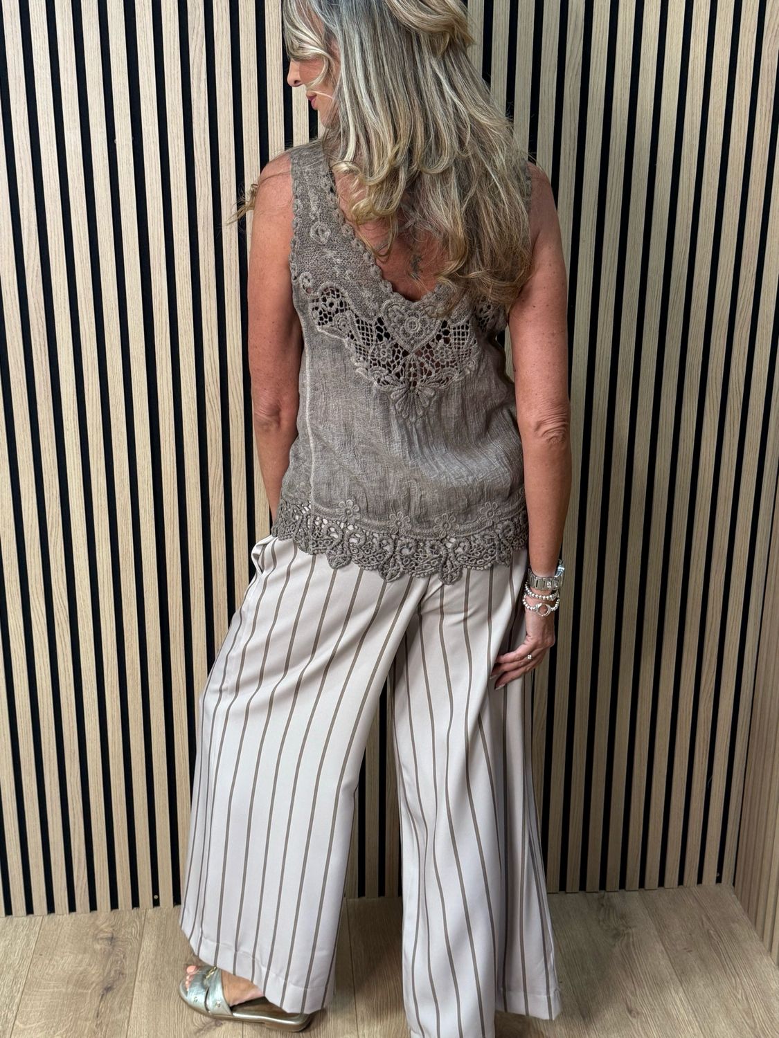 Lace Trim Cotton Cami Top - Taupe