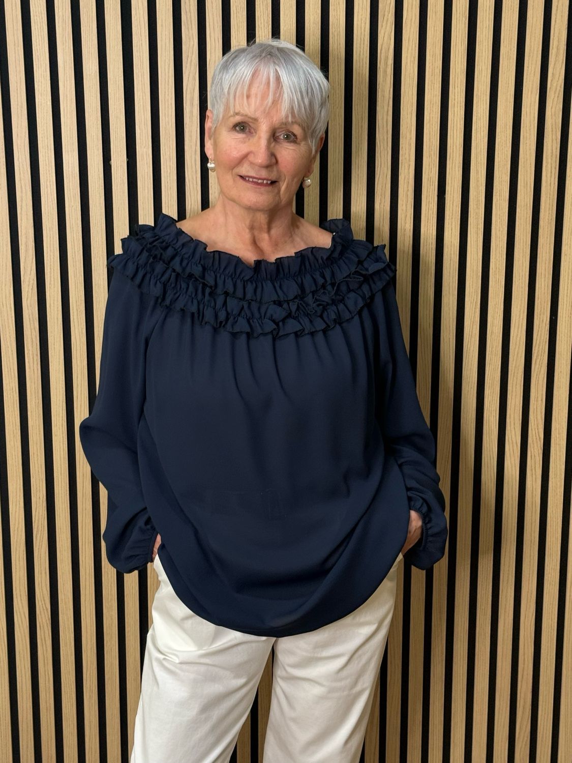 Frill Neck Floaty Top - Navy