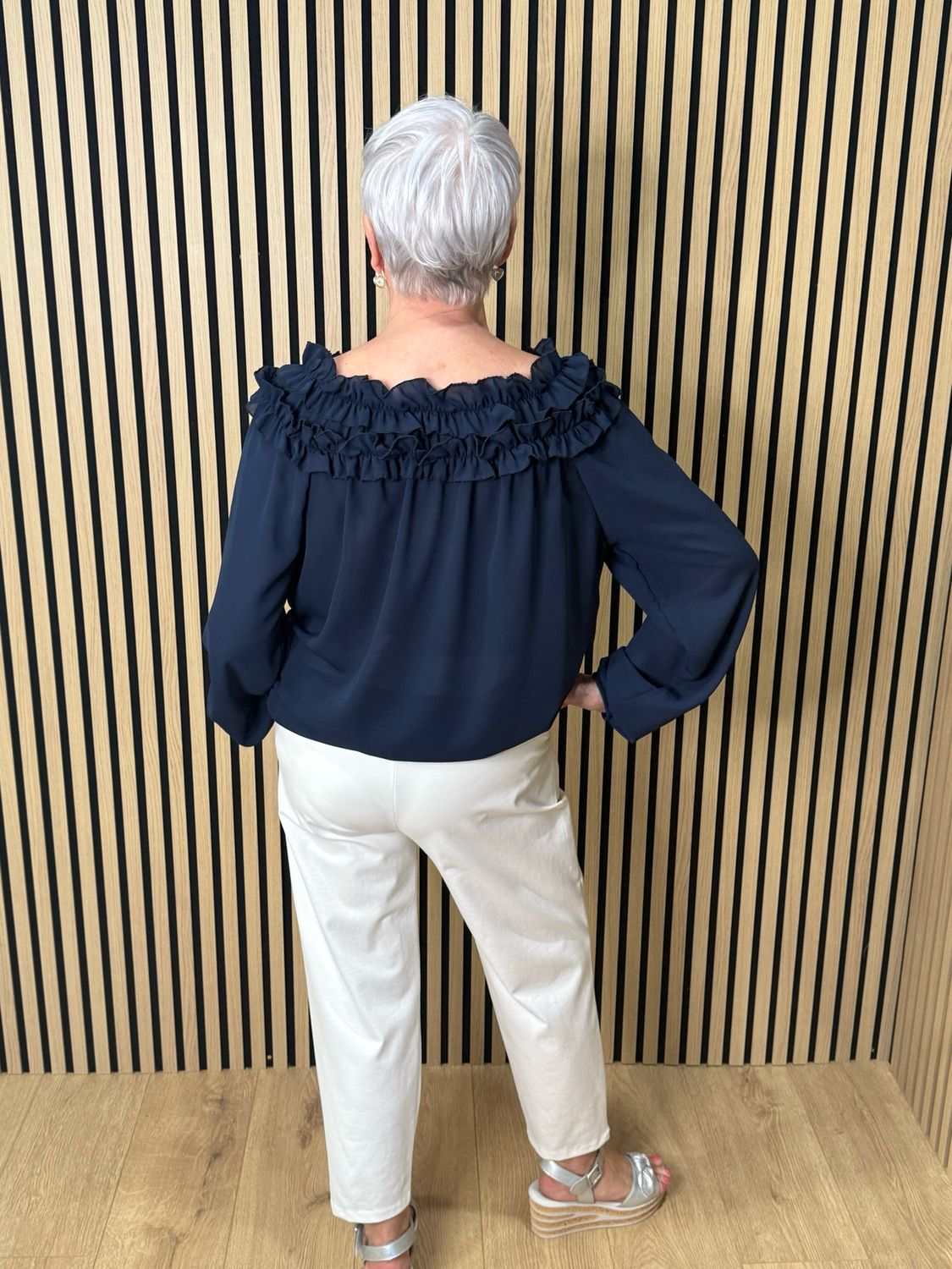 Frill Neck Floaty Top - Navy