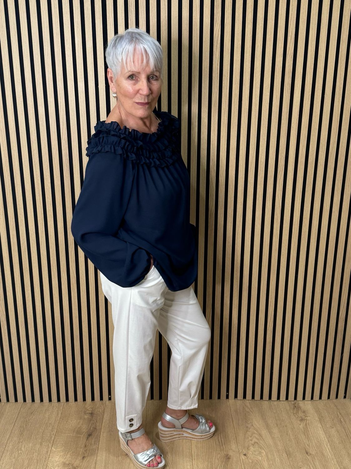 Frill Neck Floaty Top - Navy