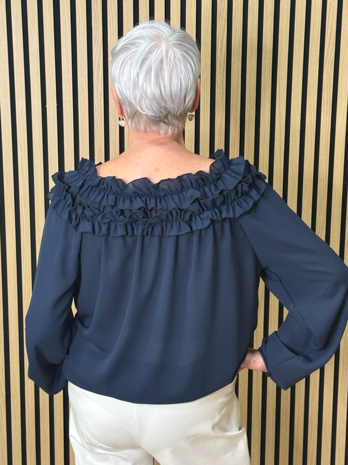 Frill Neck Floaty Top - Navy