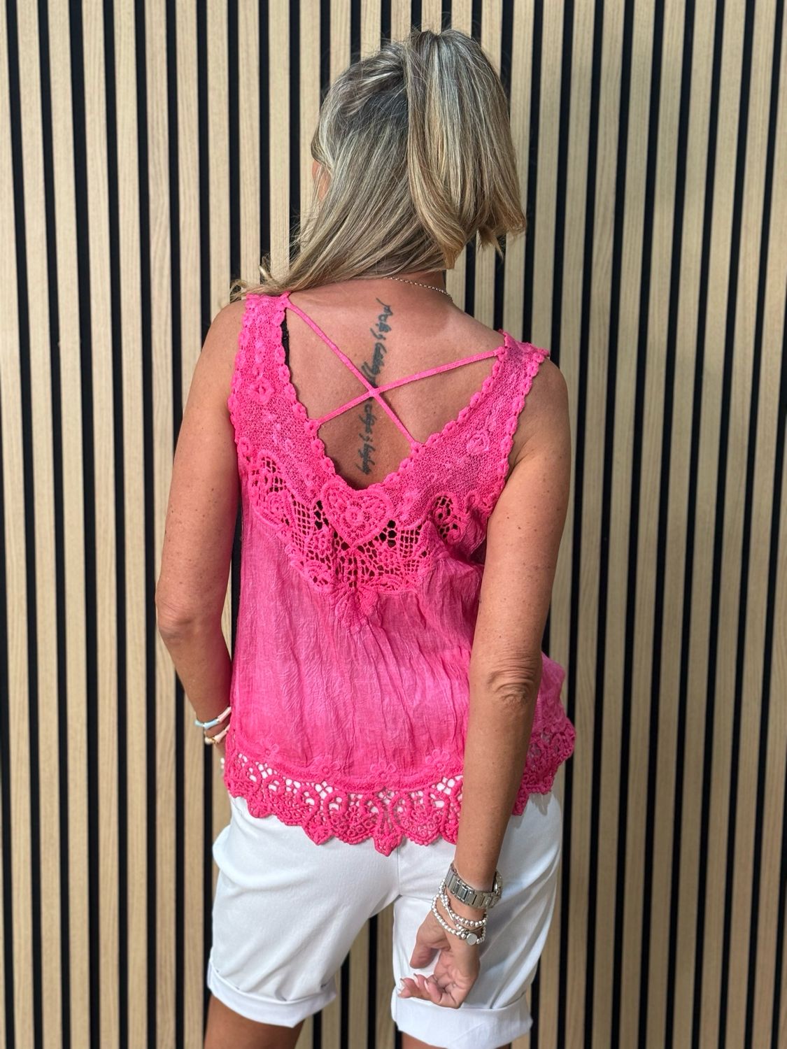 Lace Trim Cotton Cami Top - Pink