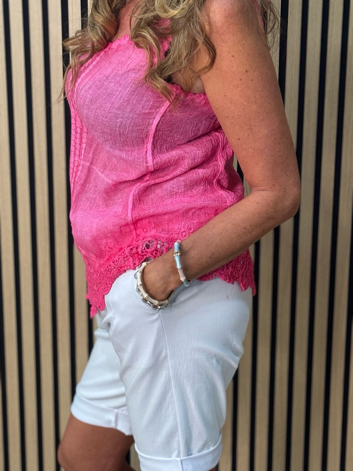 Lace Trim Cotton Cami Top - Pink