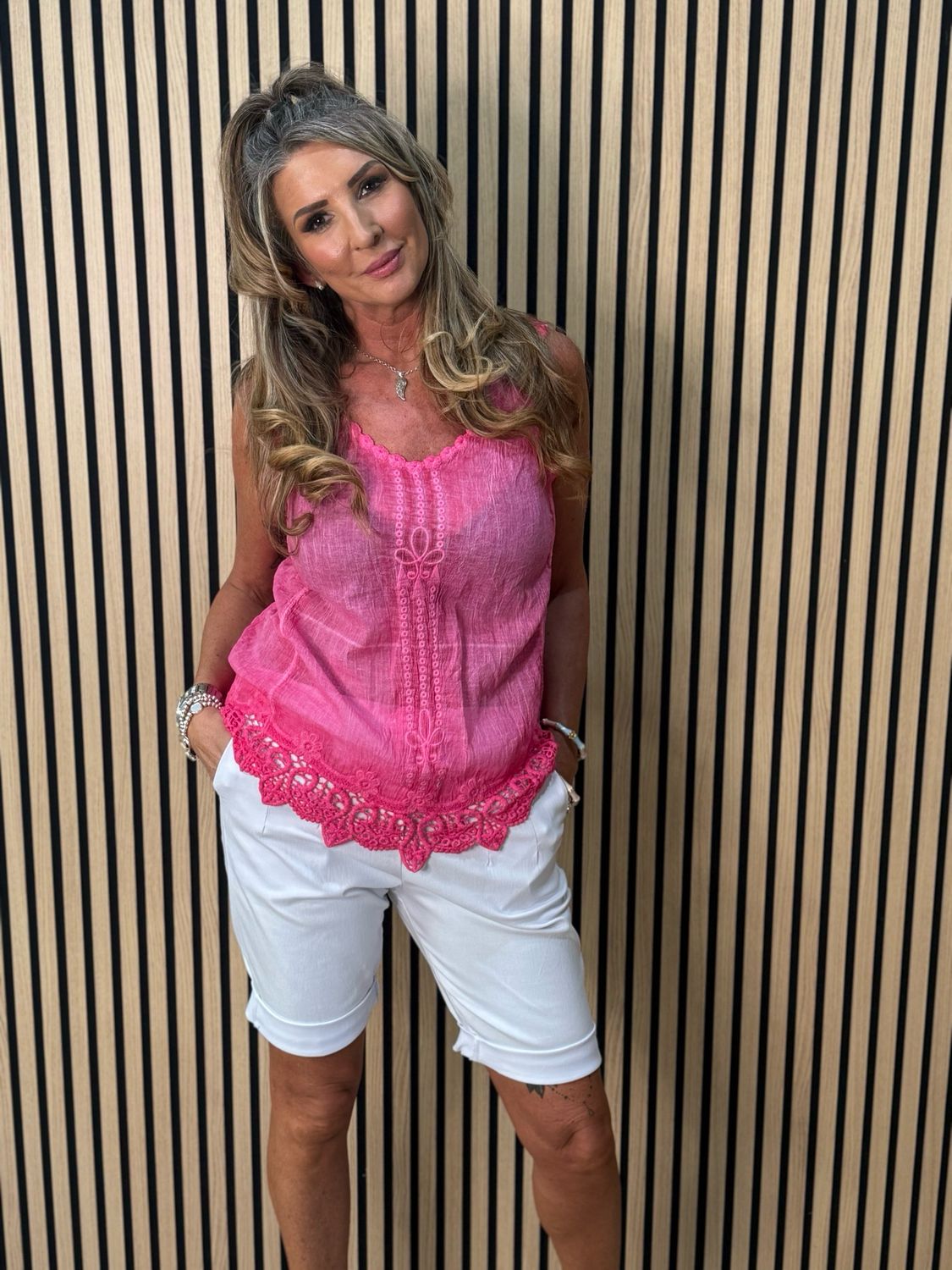 Lace Trim Cotton Cami Top - Pink