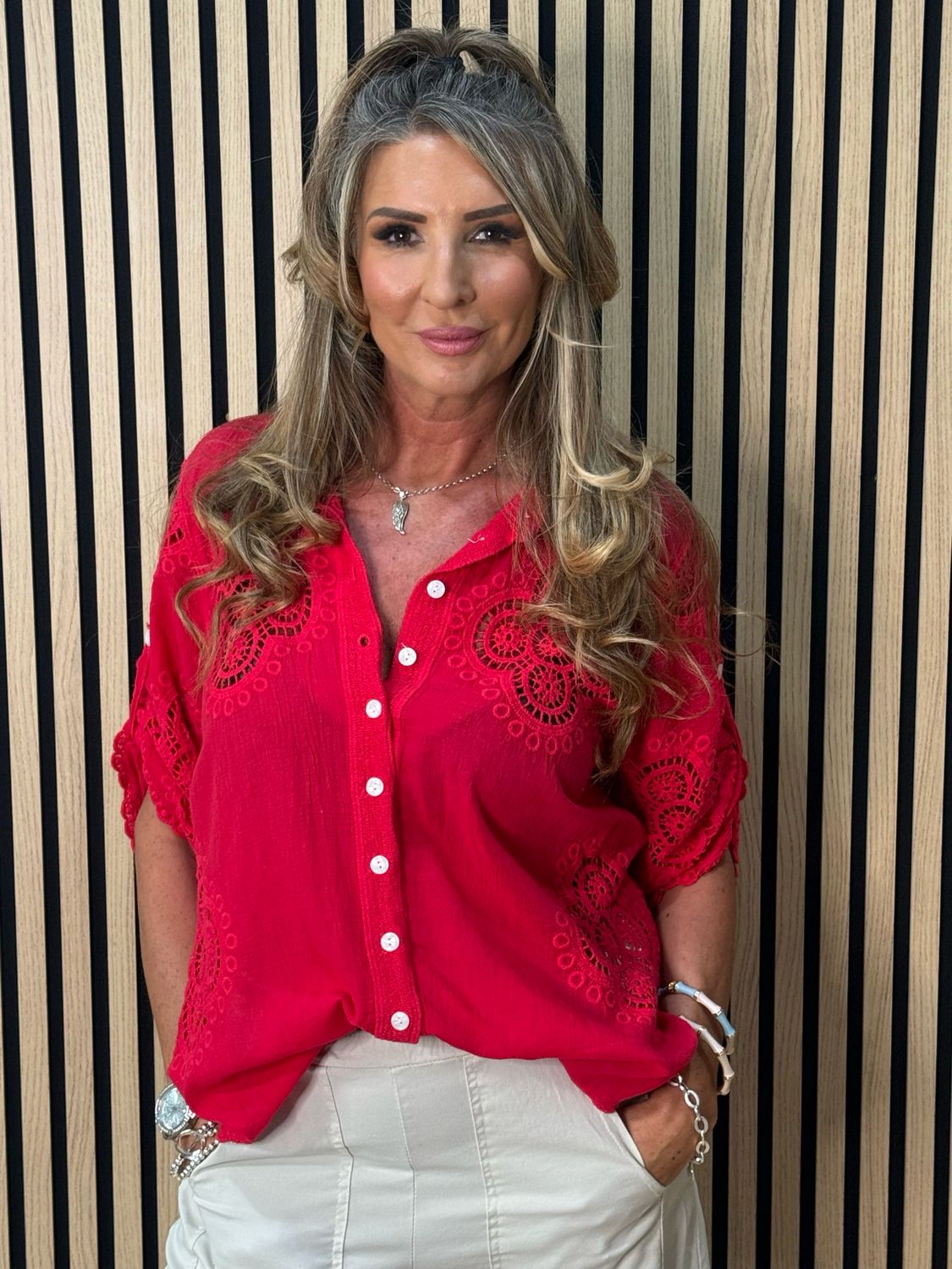 Lace Detail Cotton Shirt - Red