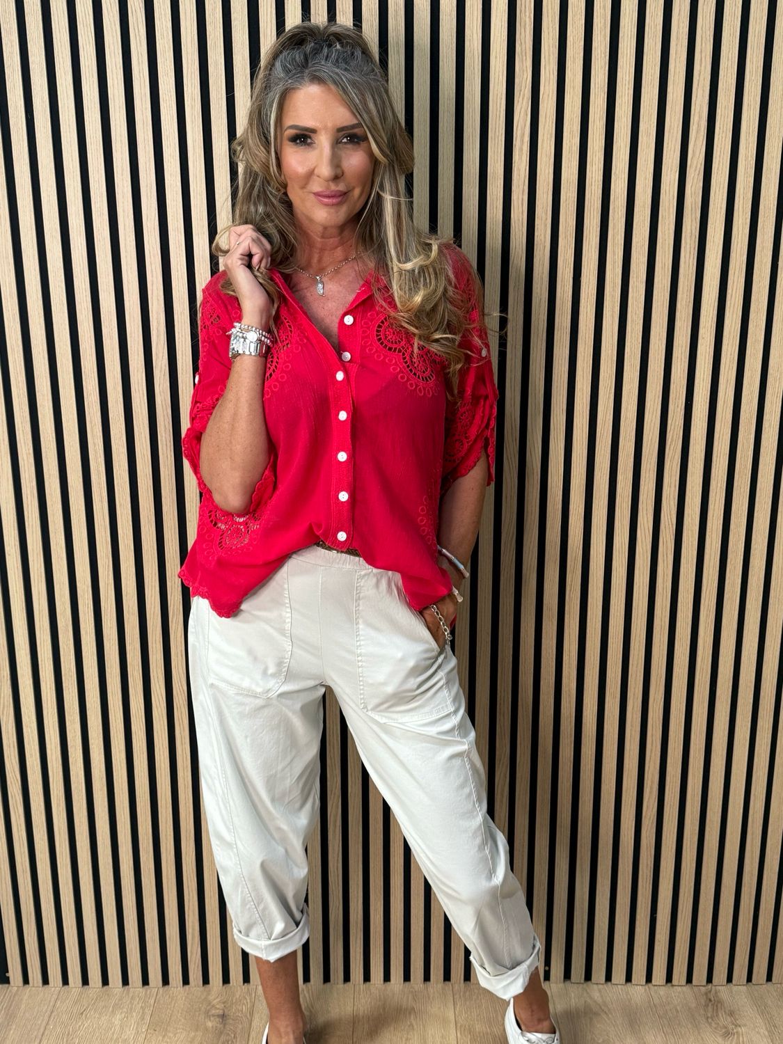 Lace Detail Cotton Shirt - Red