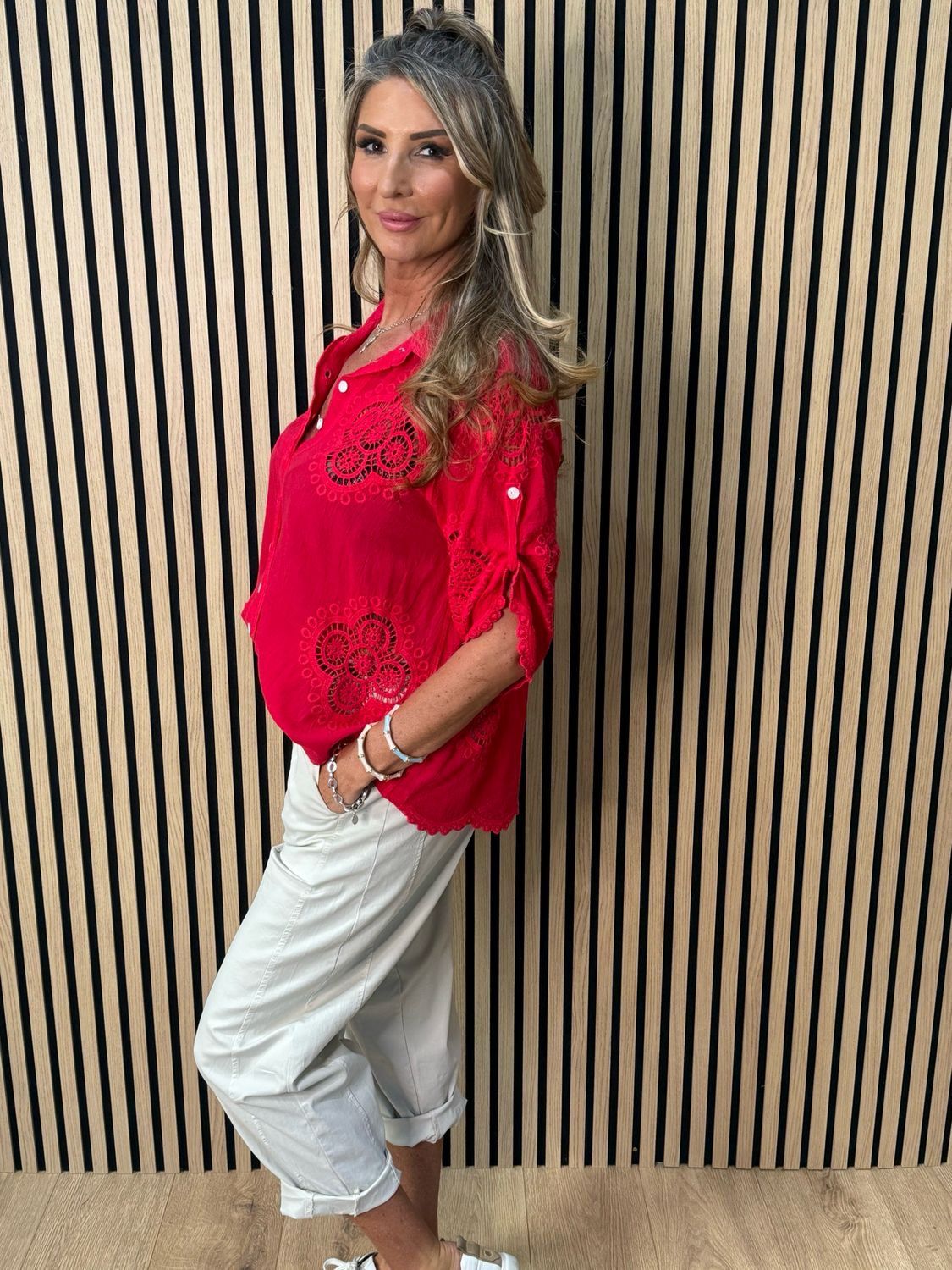 Lace Detail Cotton Shirt - Red