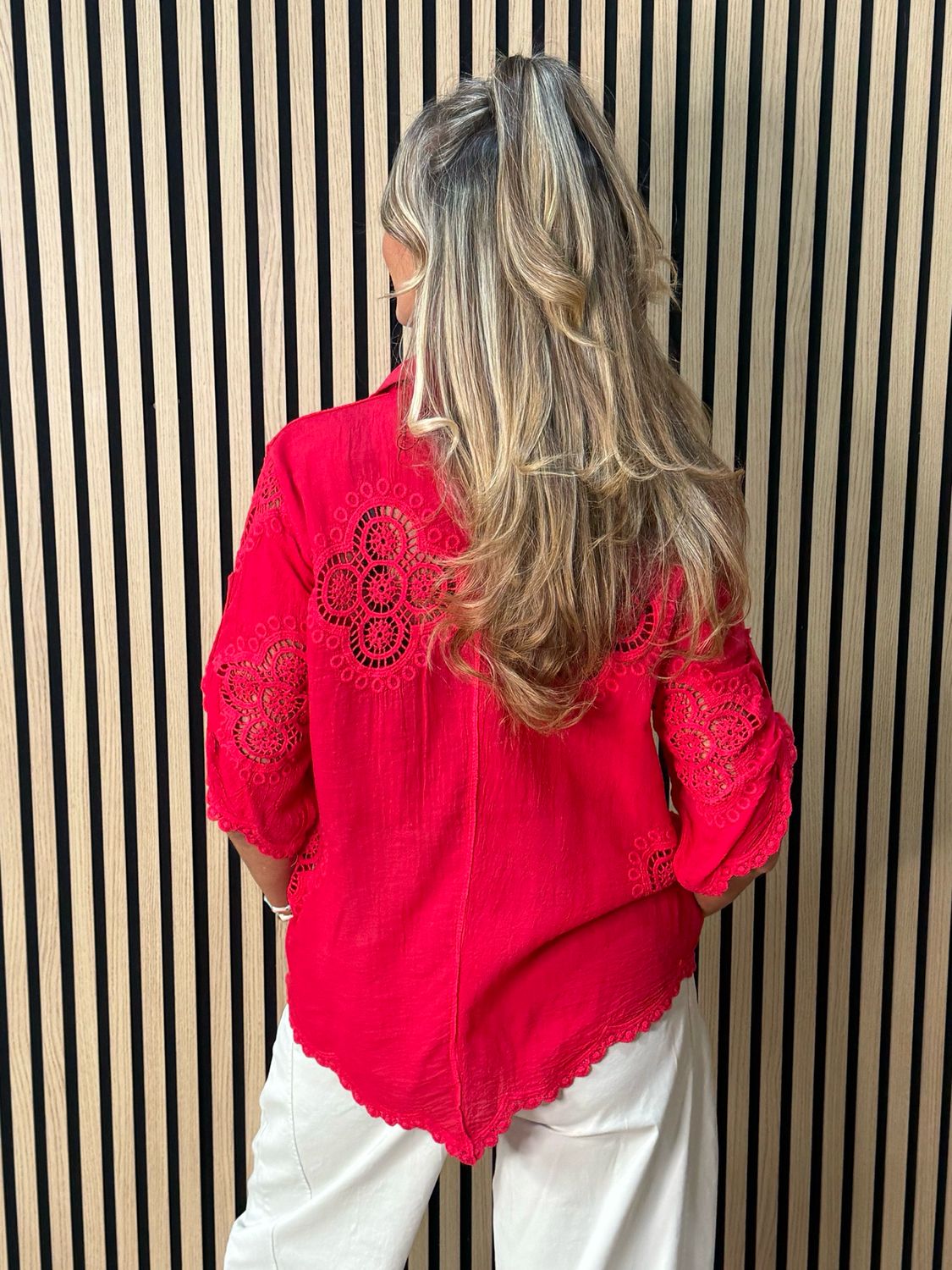 Lace Detail Cotton Shirt - Red