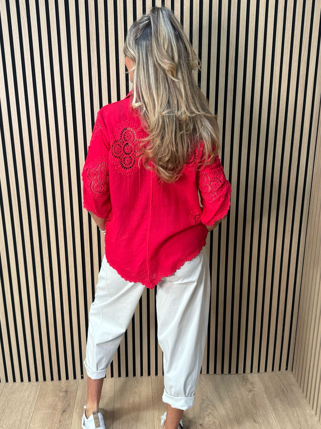 Lace Detail Cotton Shirt - Red