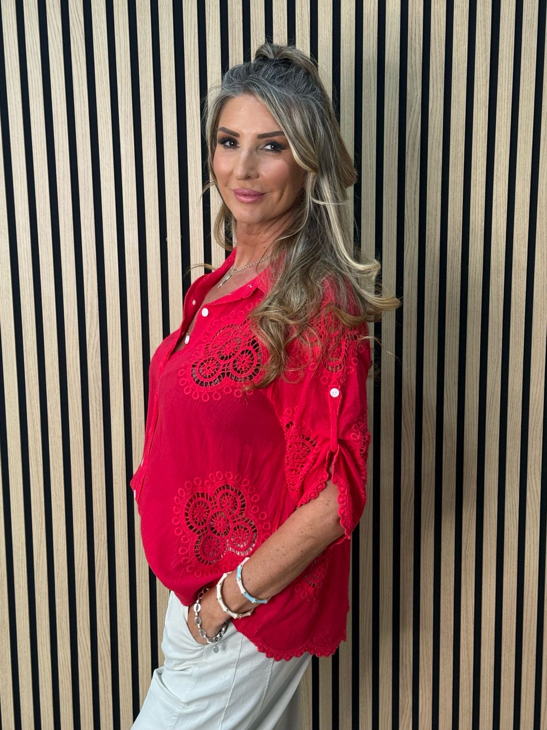 Lace Detail Cotton Shirt - Red