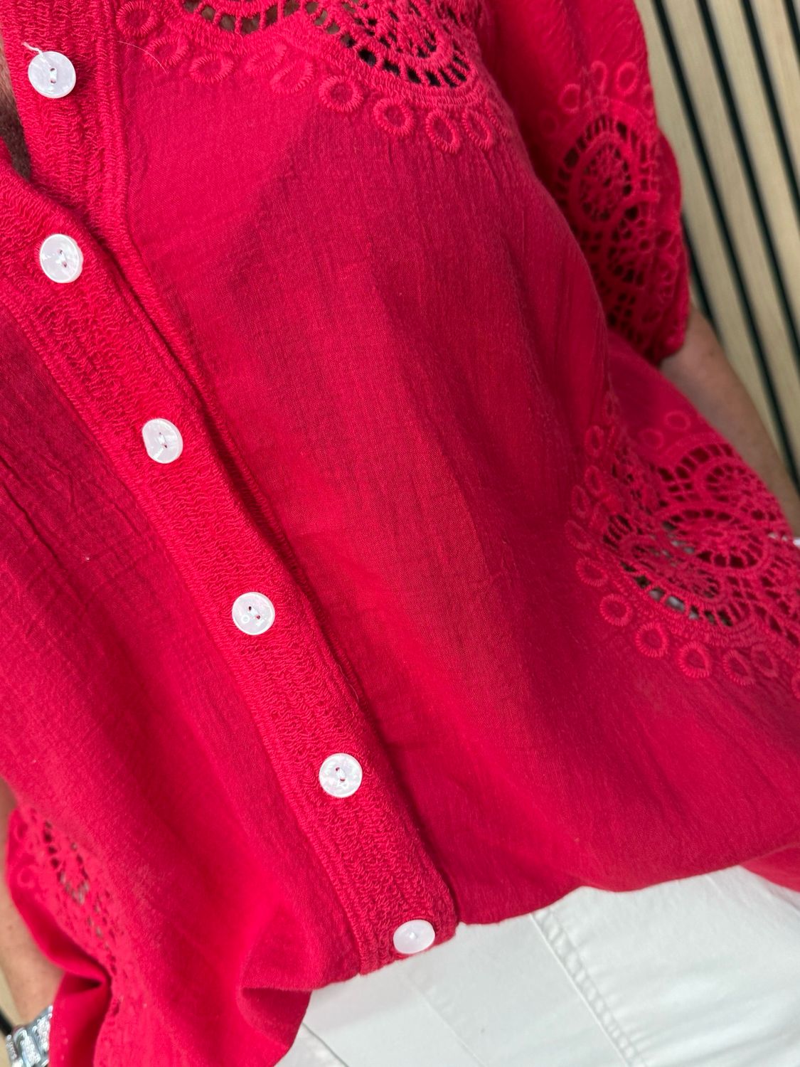 Lace Detail Cotton Shirt - Red