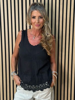 Lace Trim Cotton Cami Top - Black