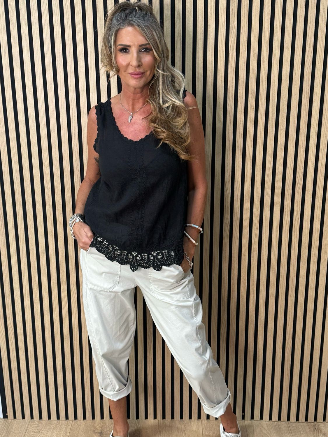 Lace Trim Cotton Cami Top - Black