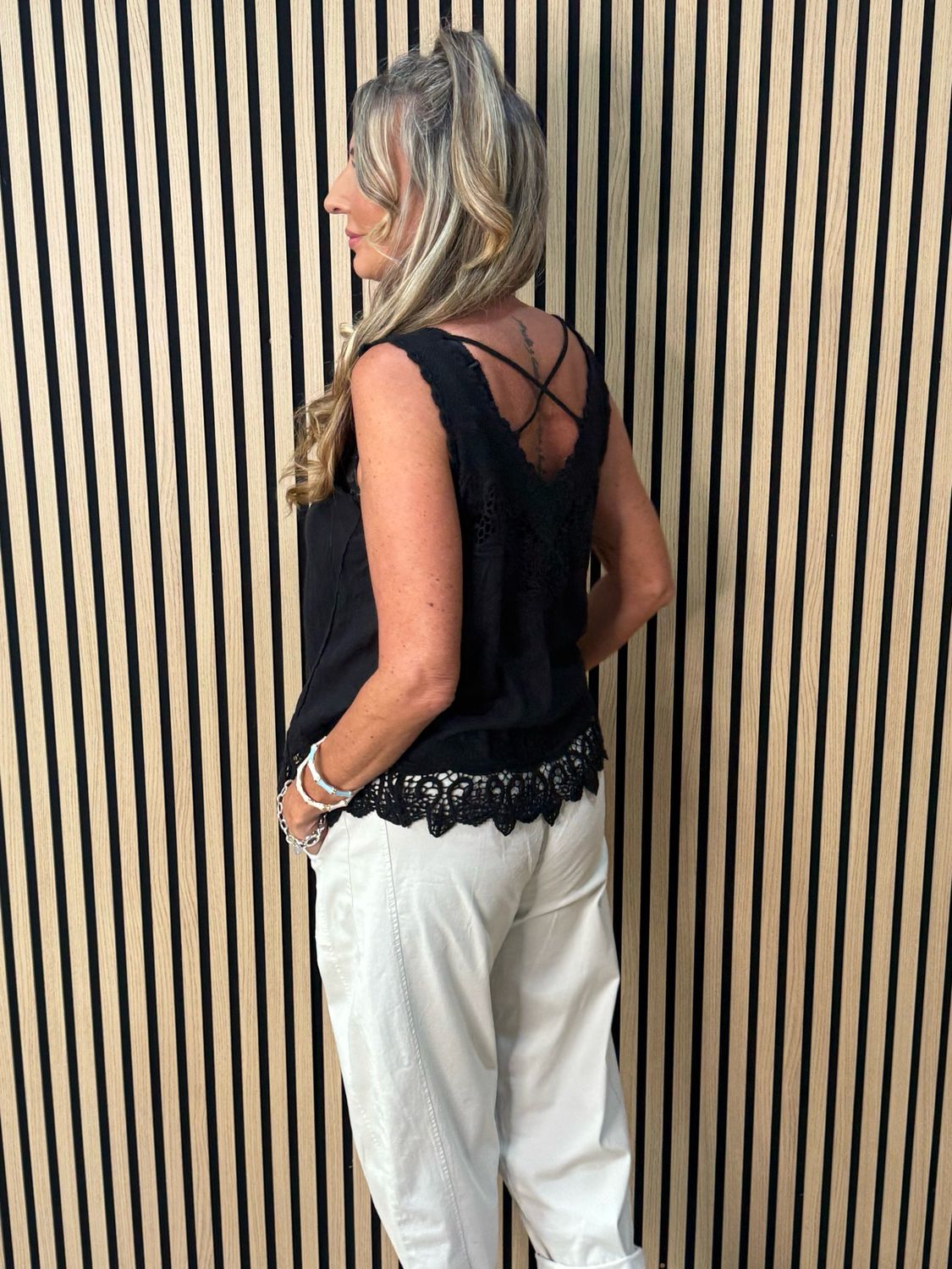 Lace Trim Cotton Cami Top - Black