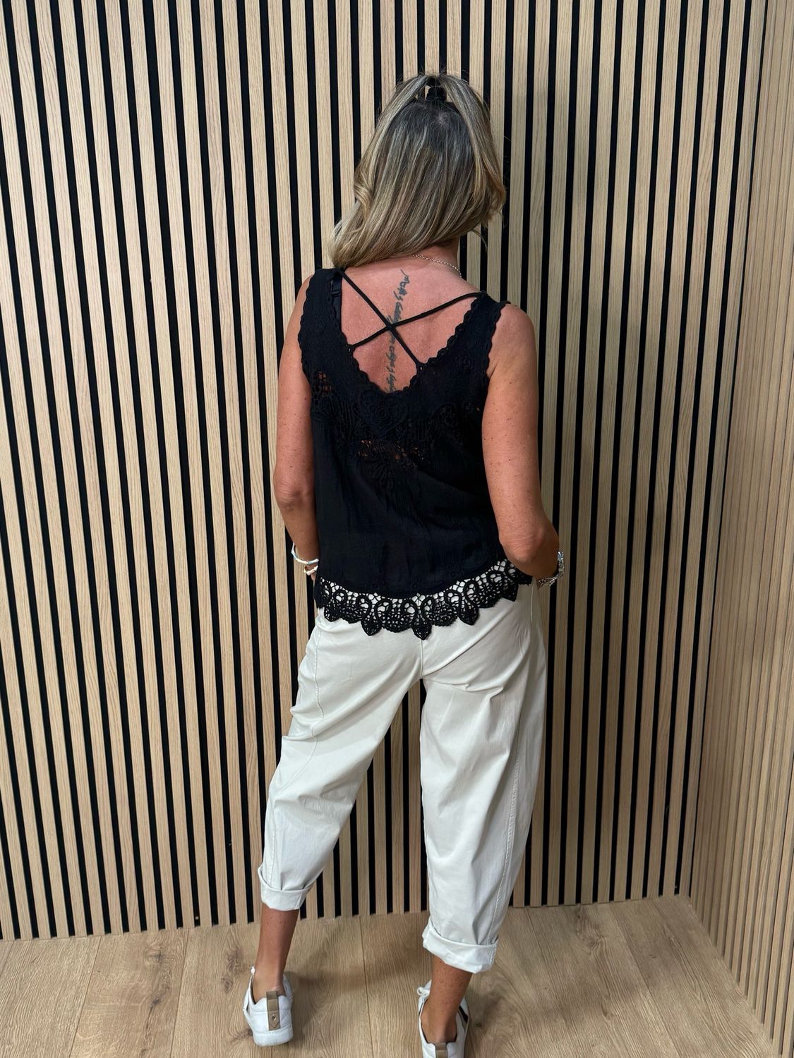 Lace Trim Cotton Cami Top - Black