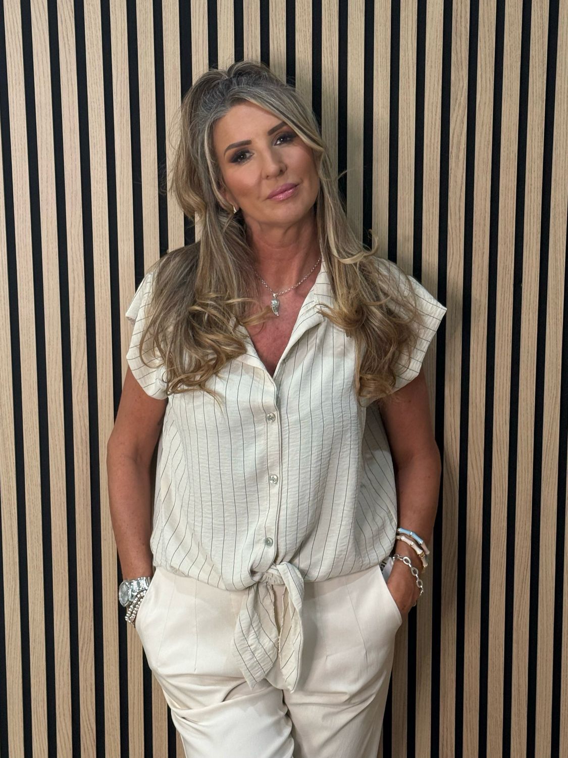 Striped Tie Front Blouse - Cream