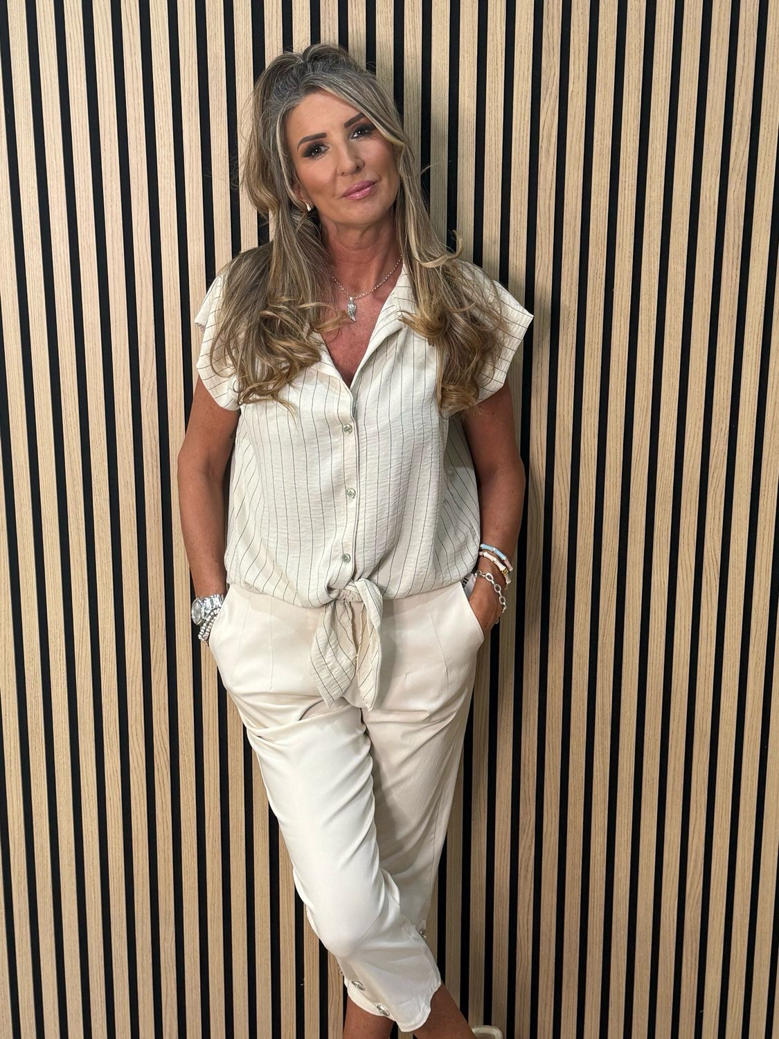 Striped Tie Front Blouse - Cream