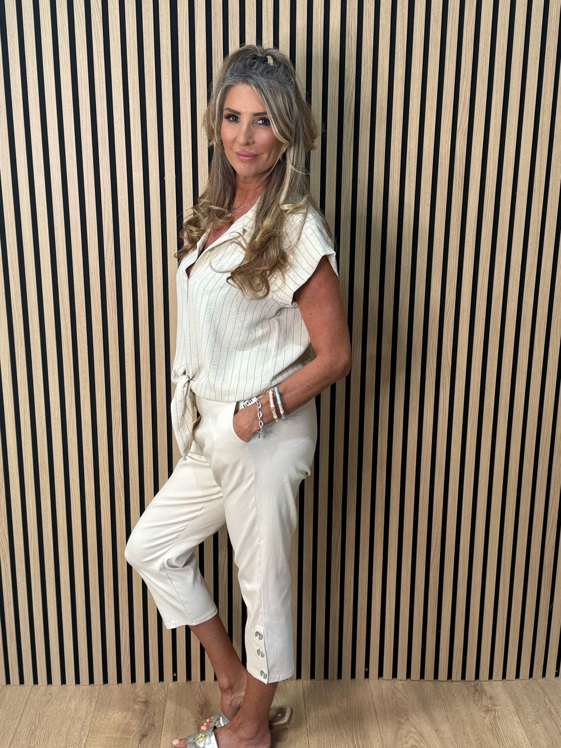 Striped Tie Front Blouse - Cream