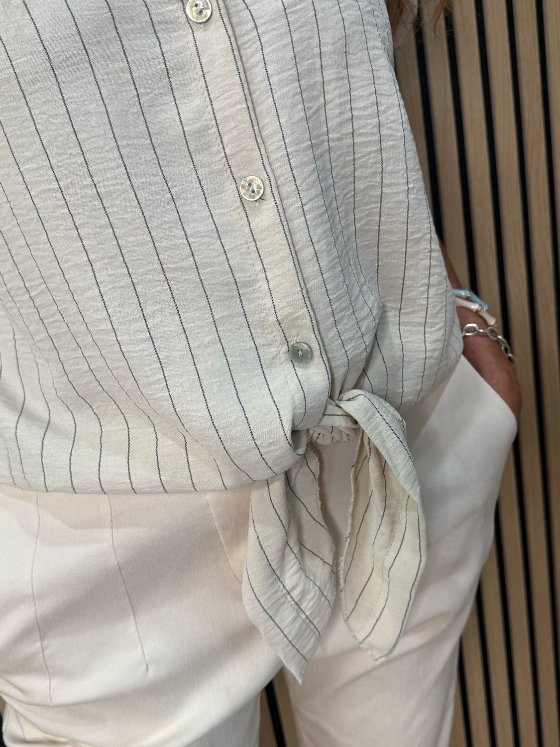 Striped Tie Front Blouse - Cream