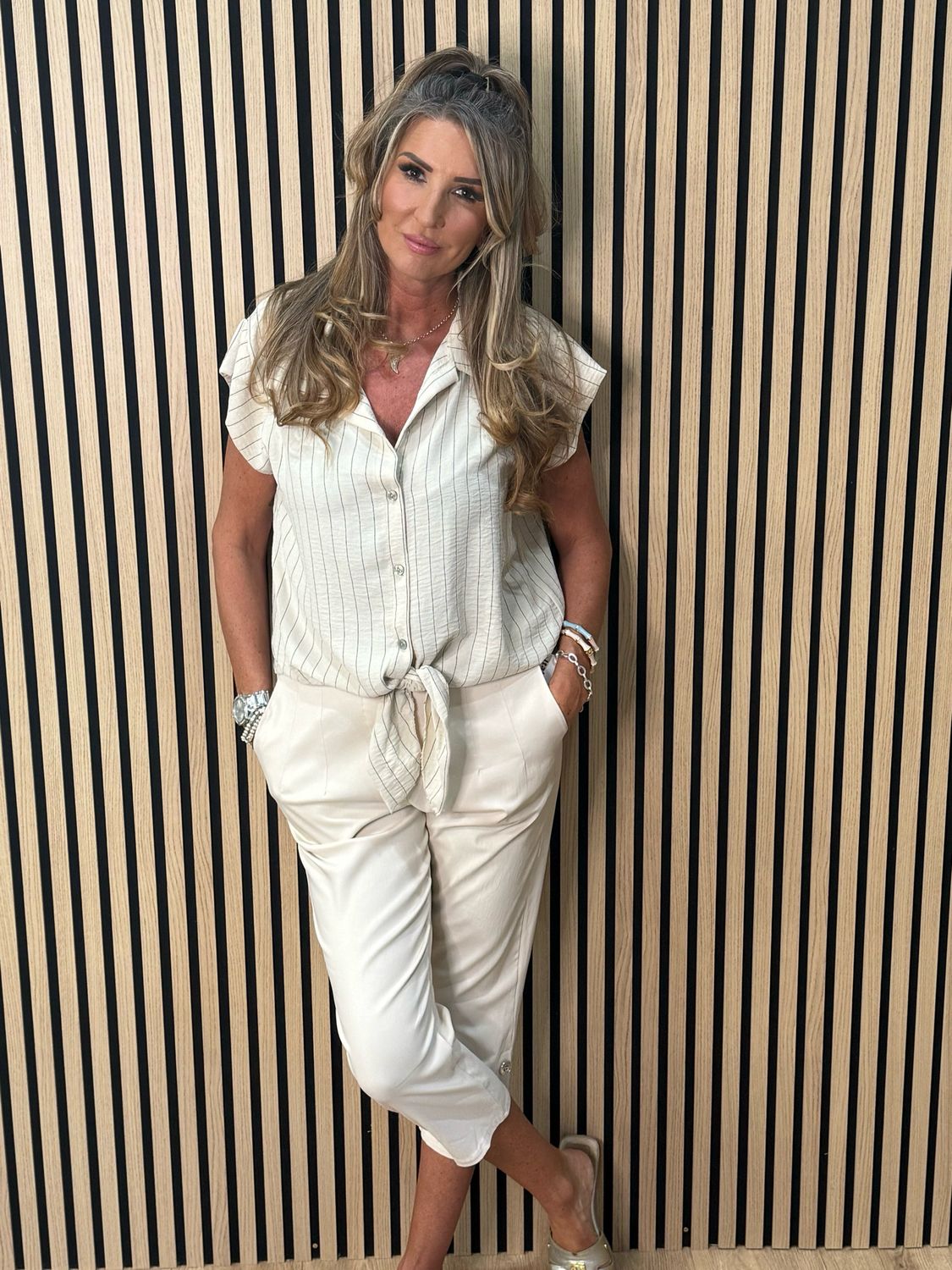 Striped Tie Front Blouse - Cream