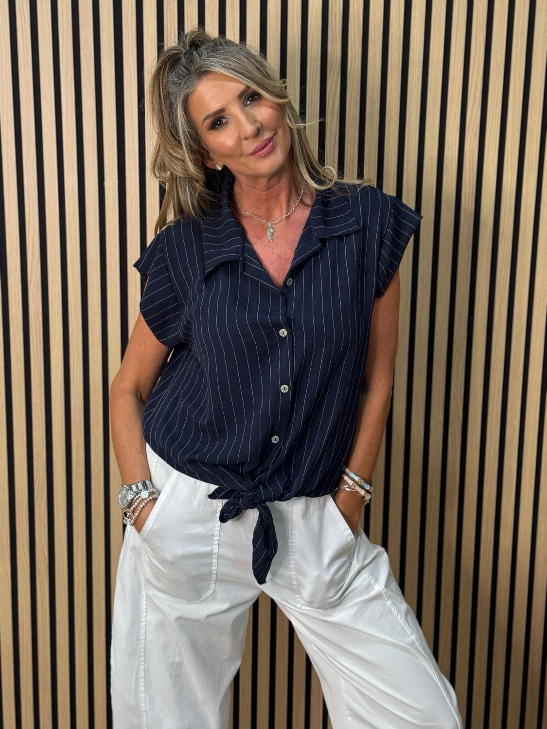 Striped Tie Front Blouse - Navy