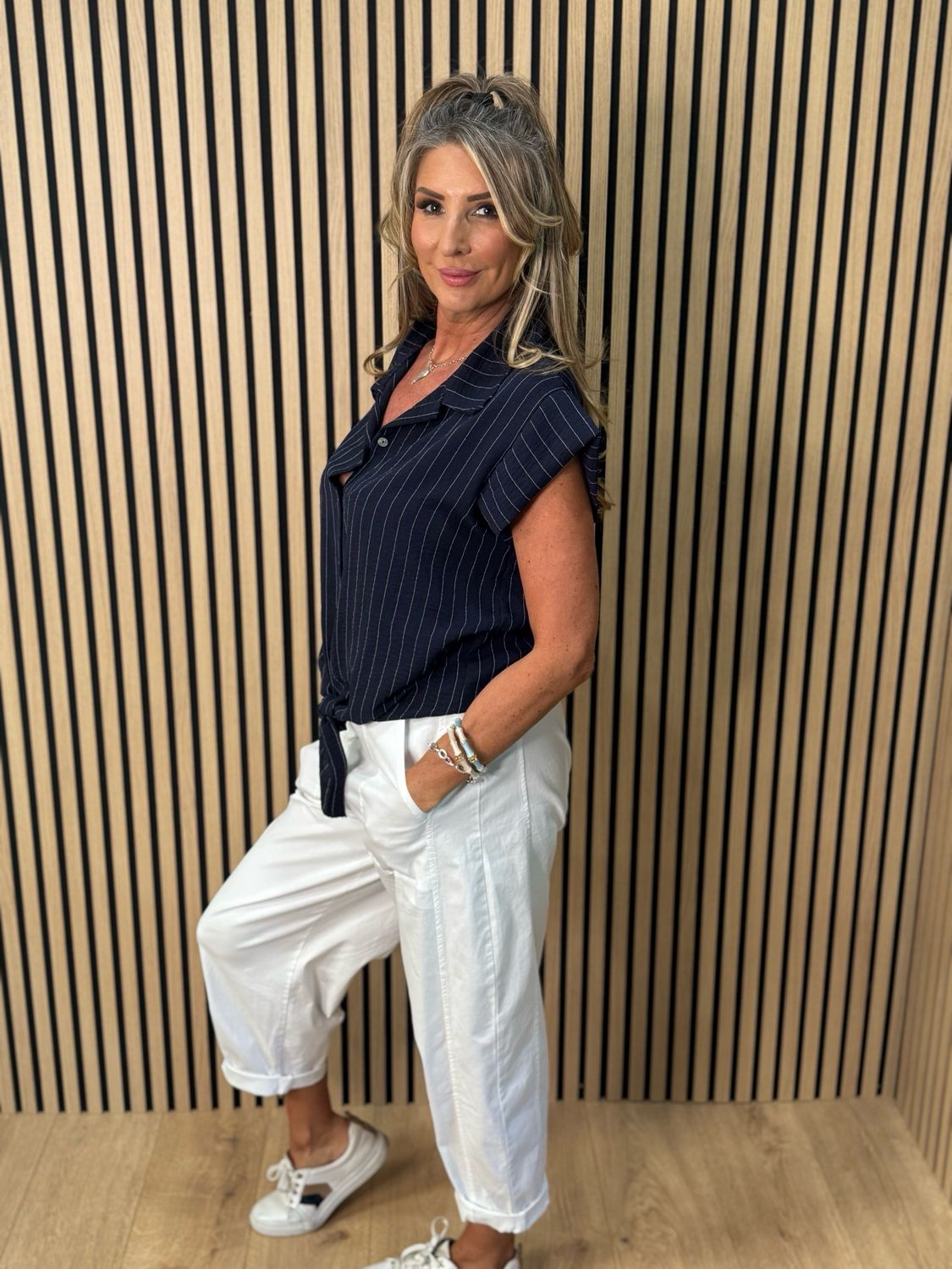 Striped Tie Front Blouse - Navy