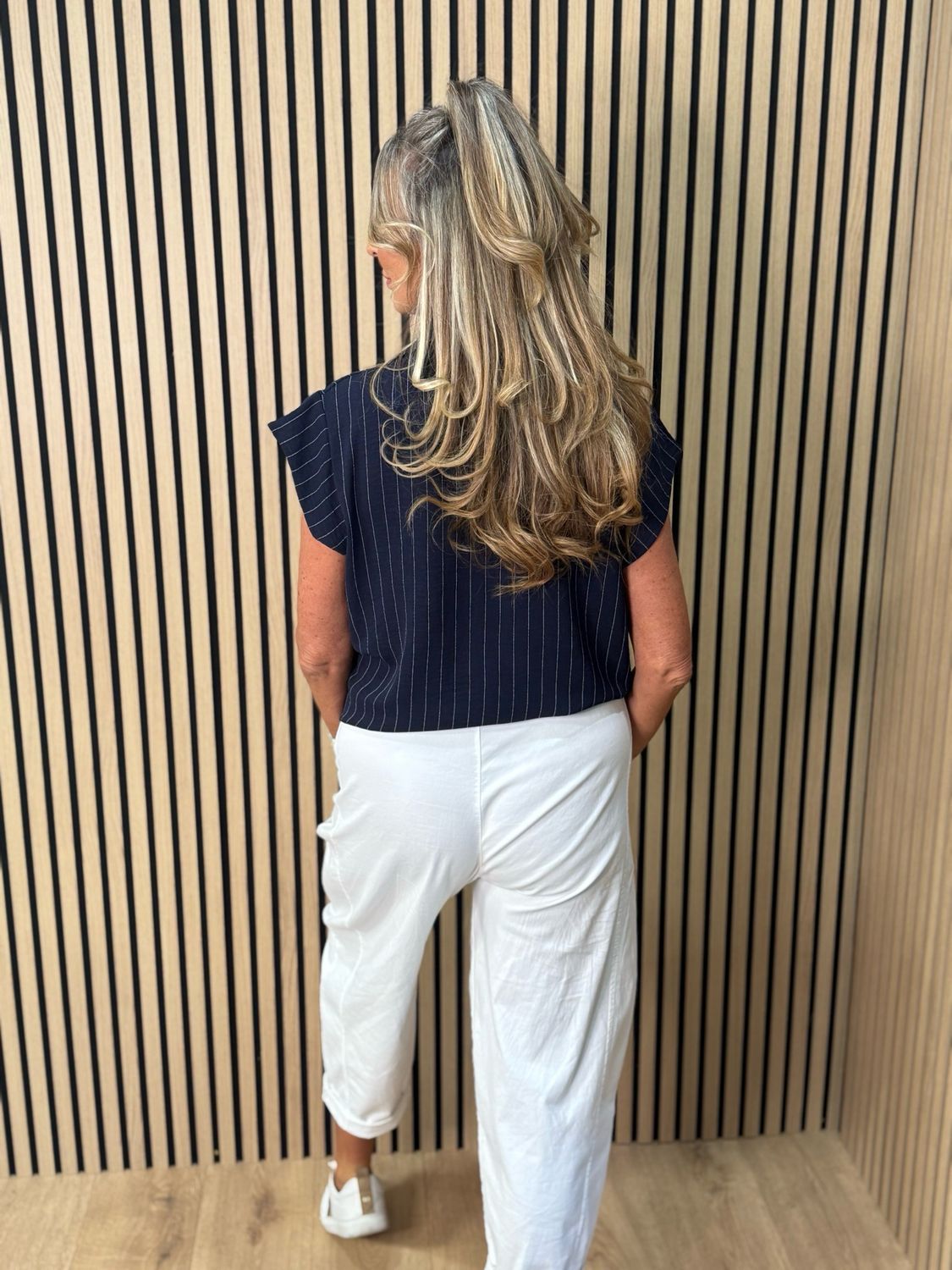 Striped Tie Front Blouse - Navy