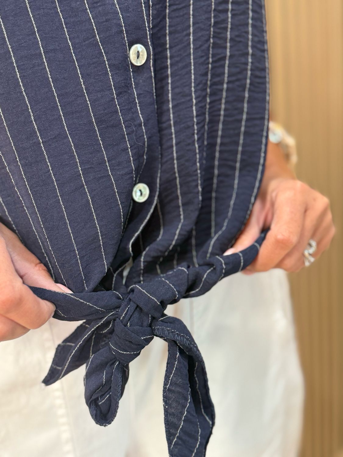 Striped Tie Front Blouse - Navy