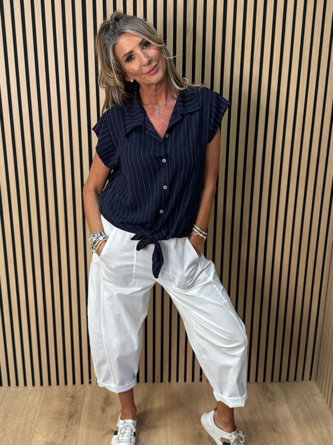 Striped Tie Front Blouse - Navy