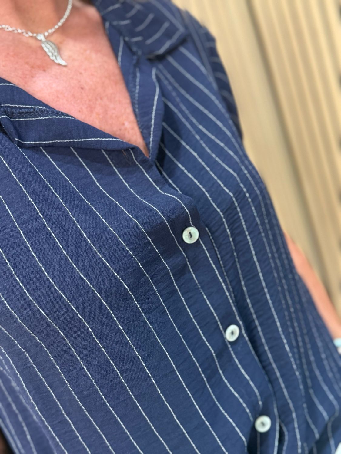 Striped Tie Front Blouse - Navy