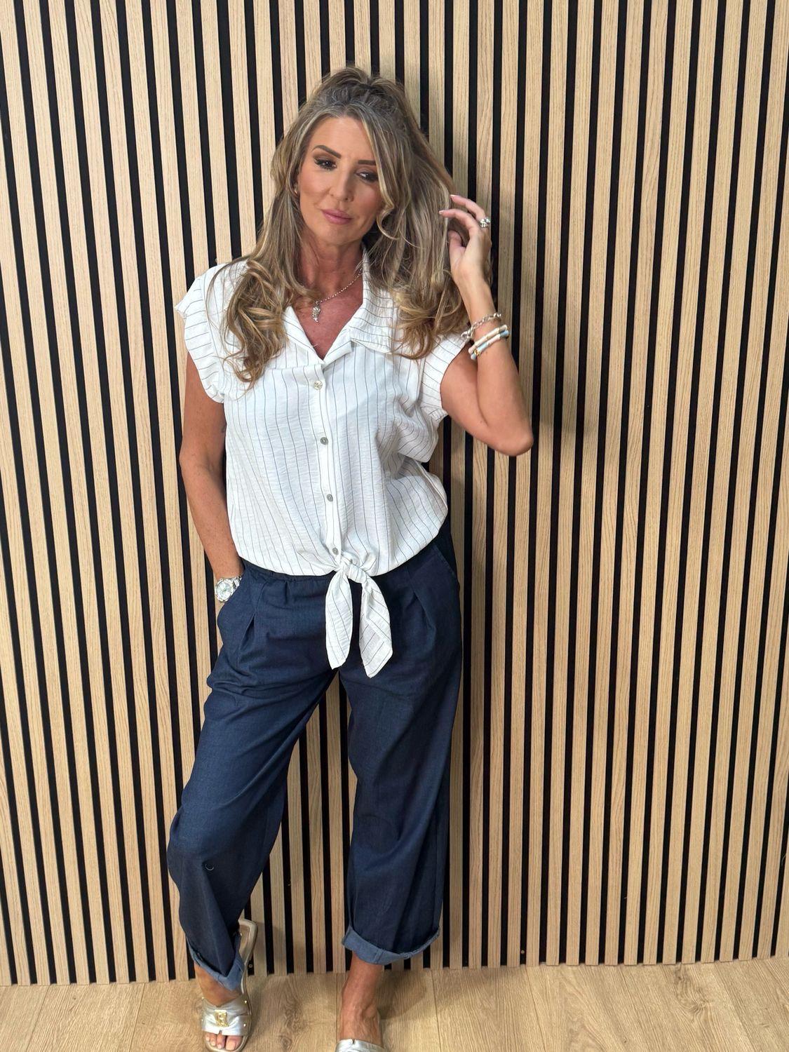 Striped Tie Front Blouse - White