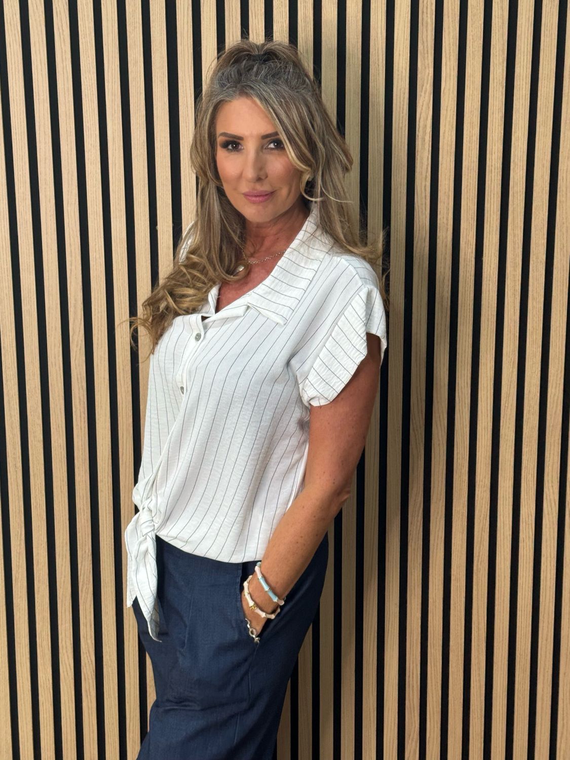 Striped Tie Front Blouse - White