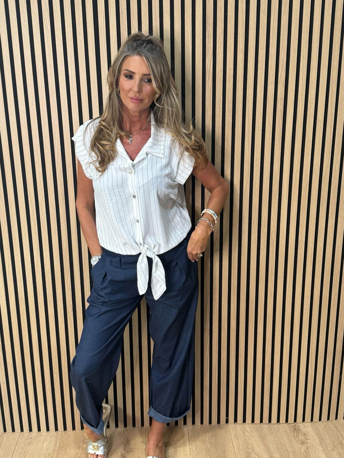 Striped Tie Front Blouse - White