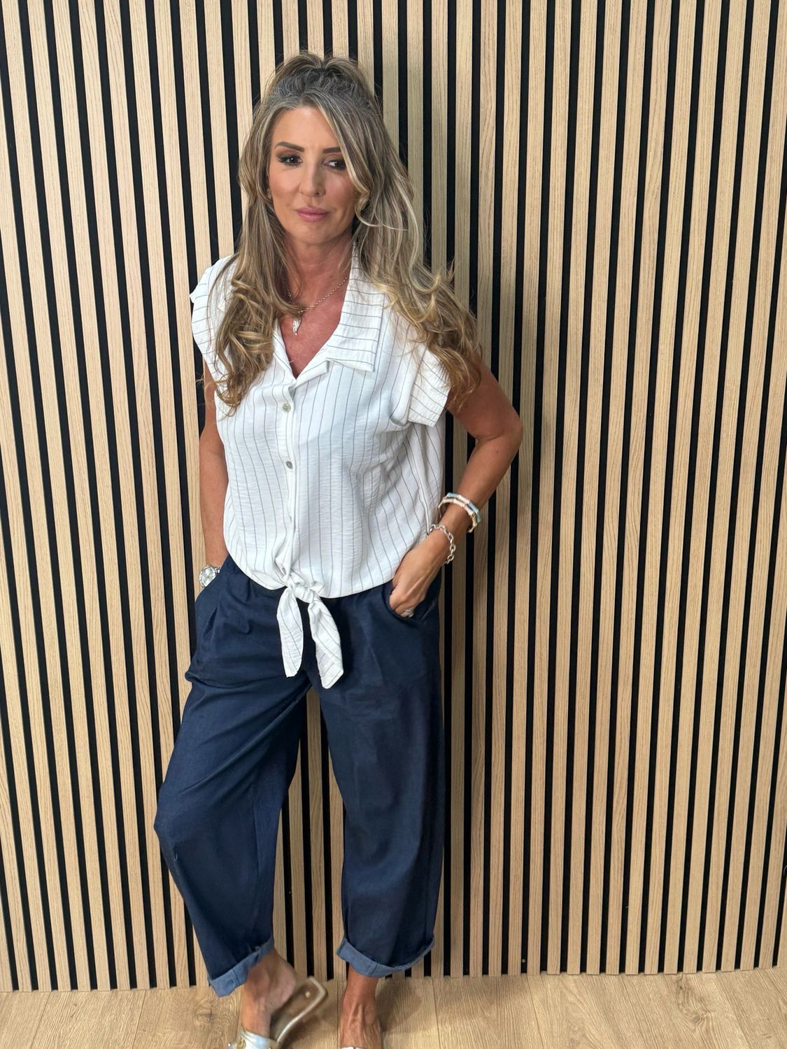 Striped Tie Front Blouse - White