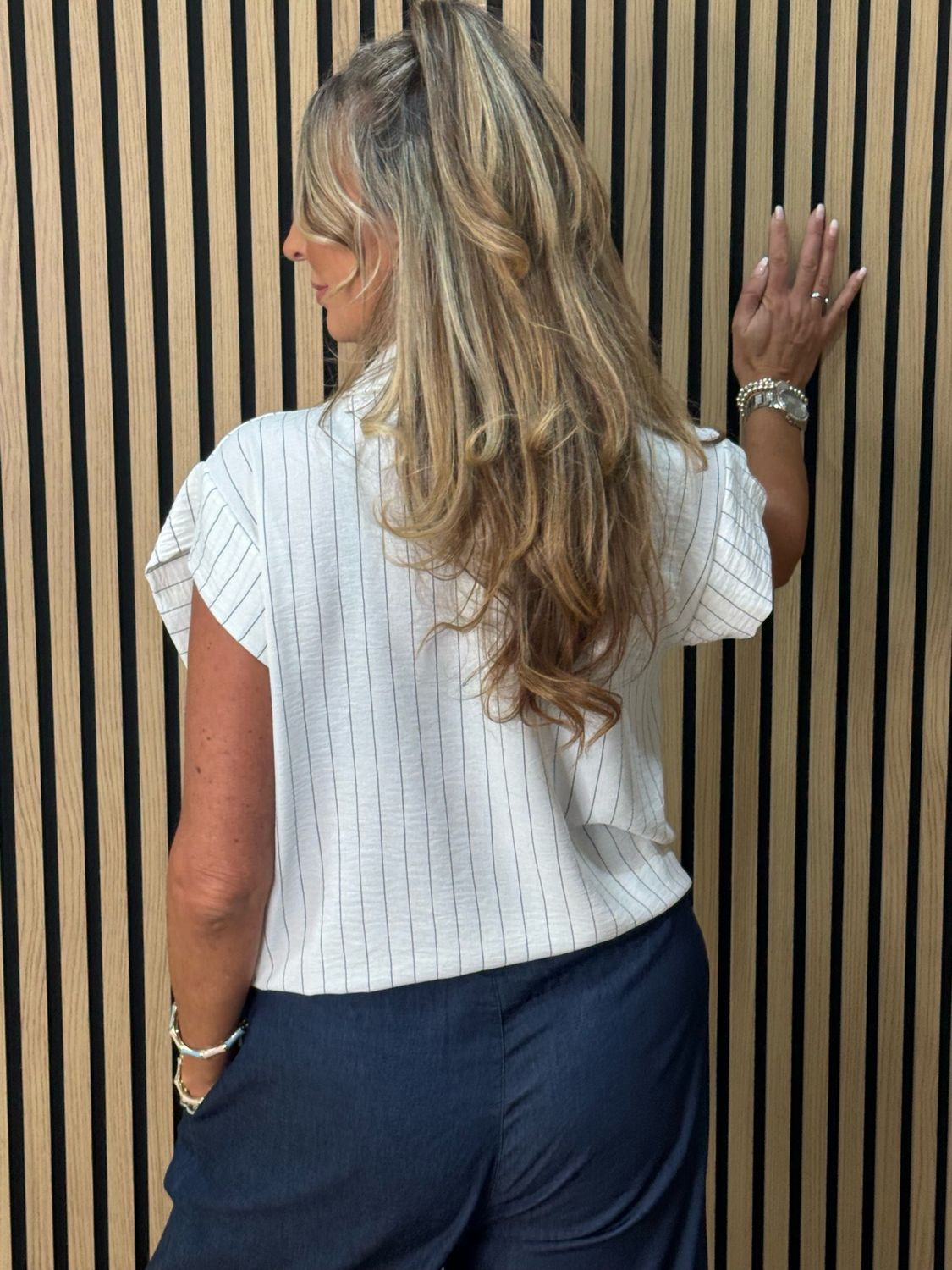 Striped Tie Front Blouse - White