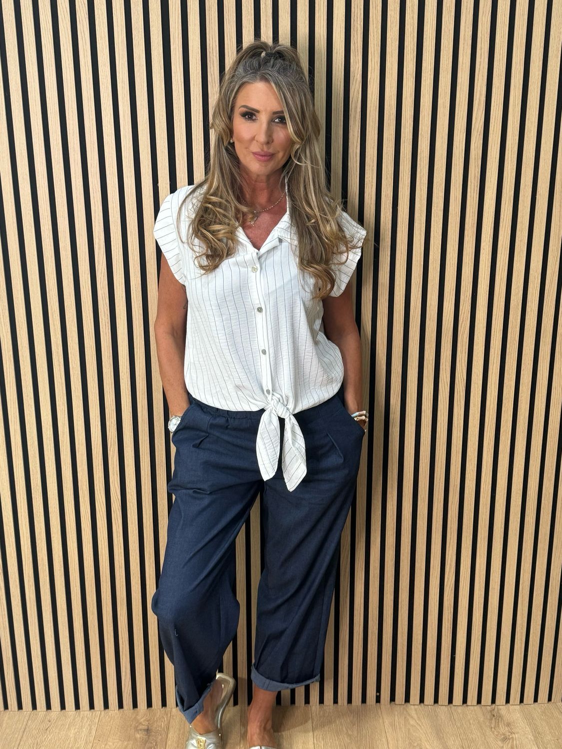 Striped Tie Front Blouse - White