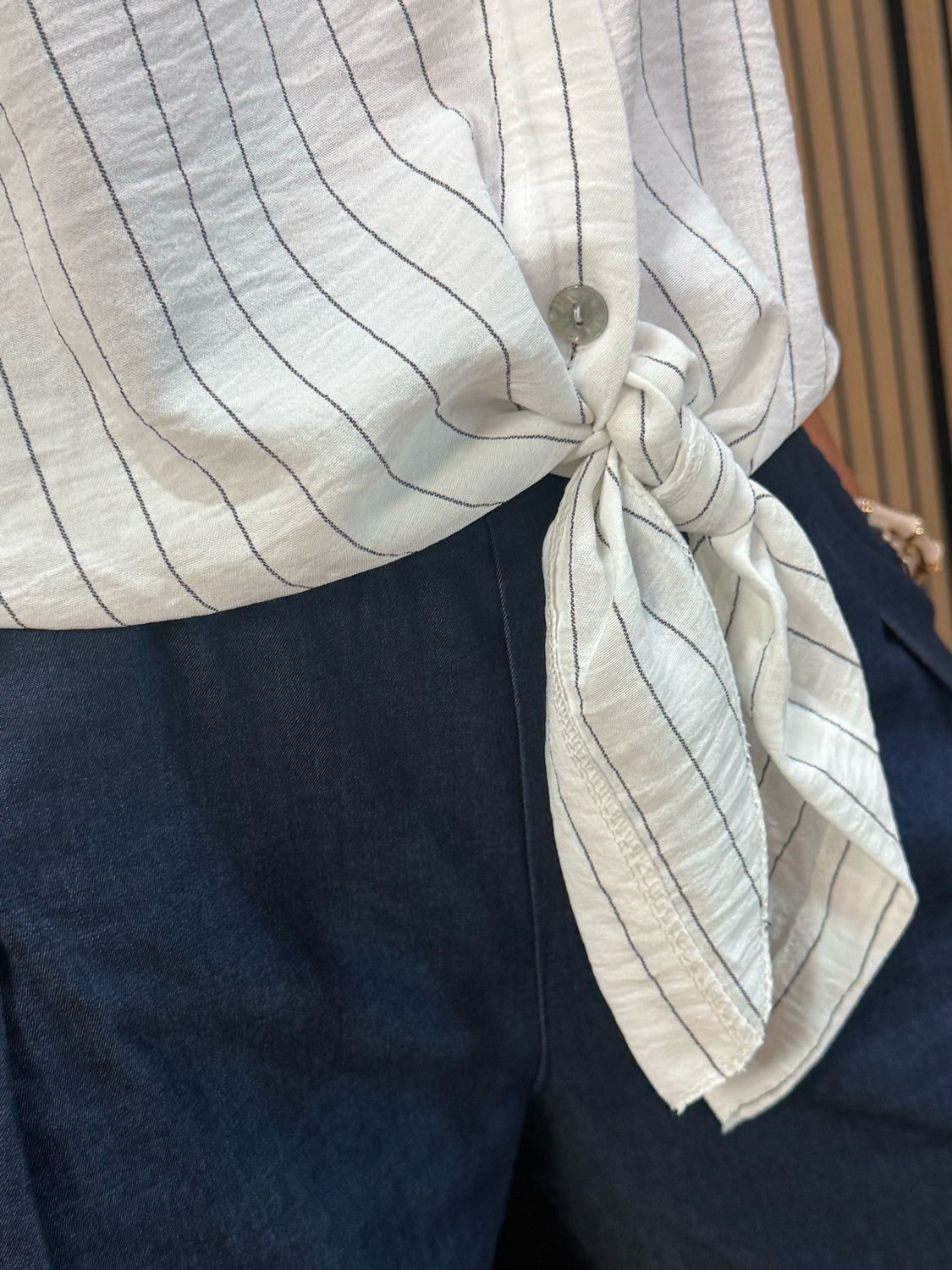 Striped Tie Front Blouse - White