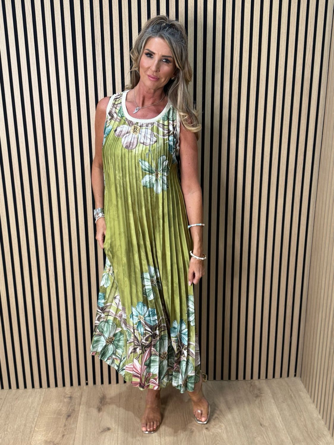 Bloom Pleated Midi Dress - Olive