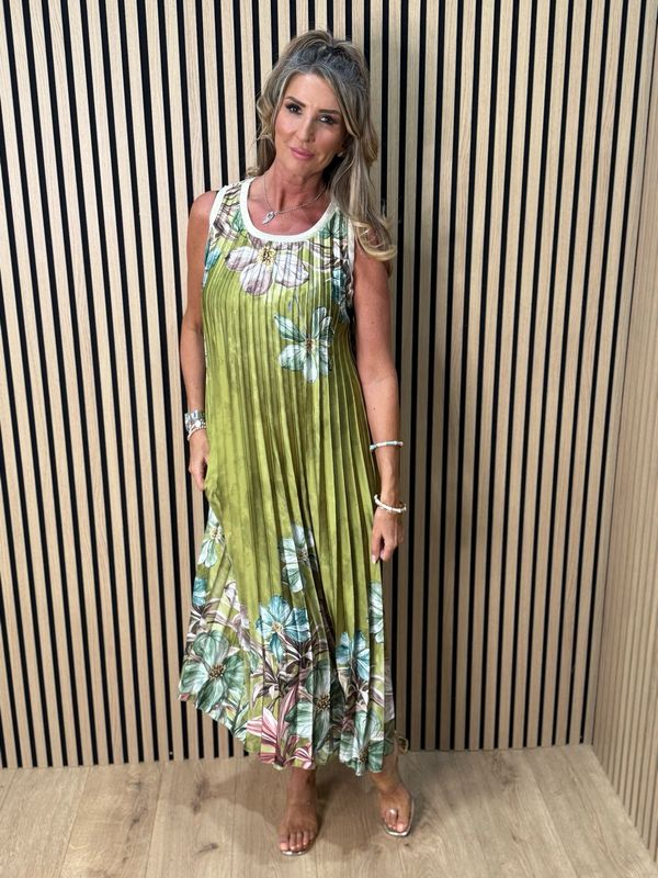 Bloom Pleated Midi Dress - Olive