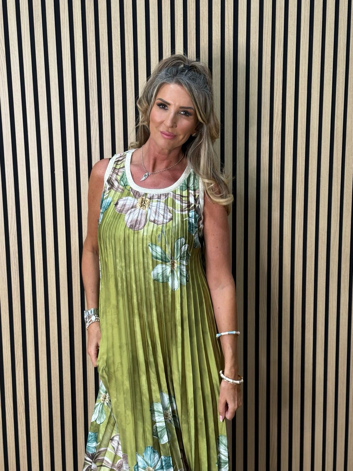 Bloom Pleated Midi Dress - Olive