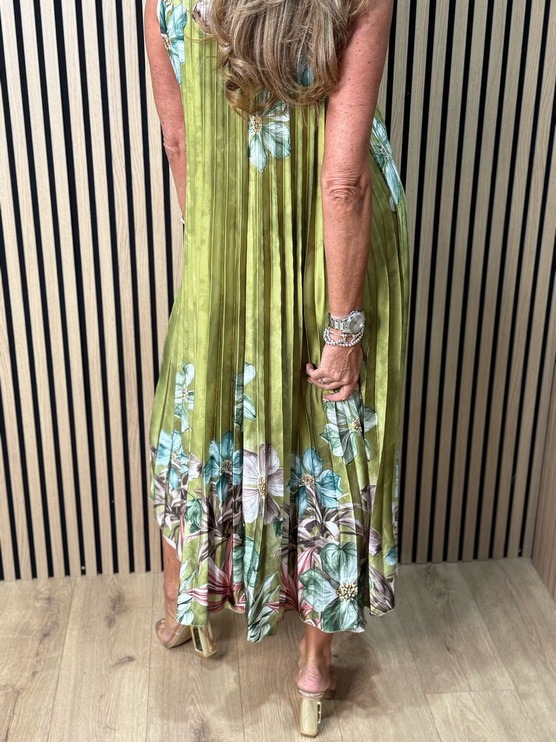 Bloom Pleated Midi Dress - Olive